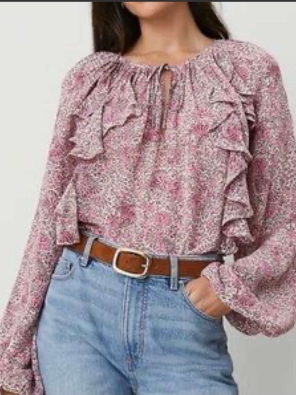 Ann Taylor Pink Floral Ruffle Peasant Blouse with Tie - XXS